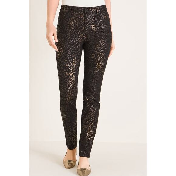 CHICOS NWT Petite Coated Animal-Print Fly-Front Black Gold Jeggings // 6 Petite - Picture 1 of 15
